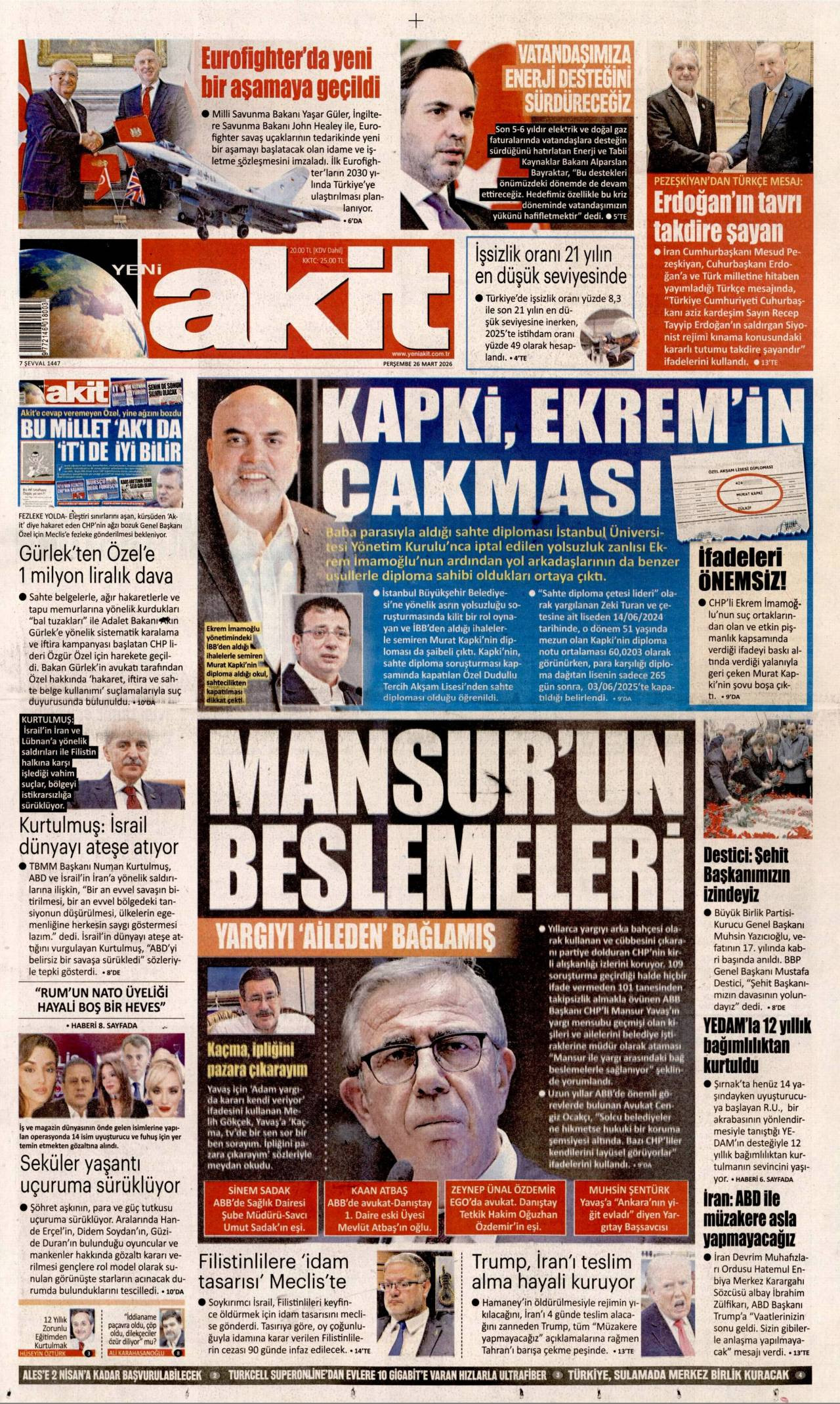 Yeni Akit Gazetesi Gazete Manşeti